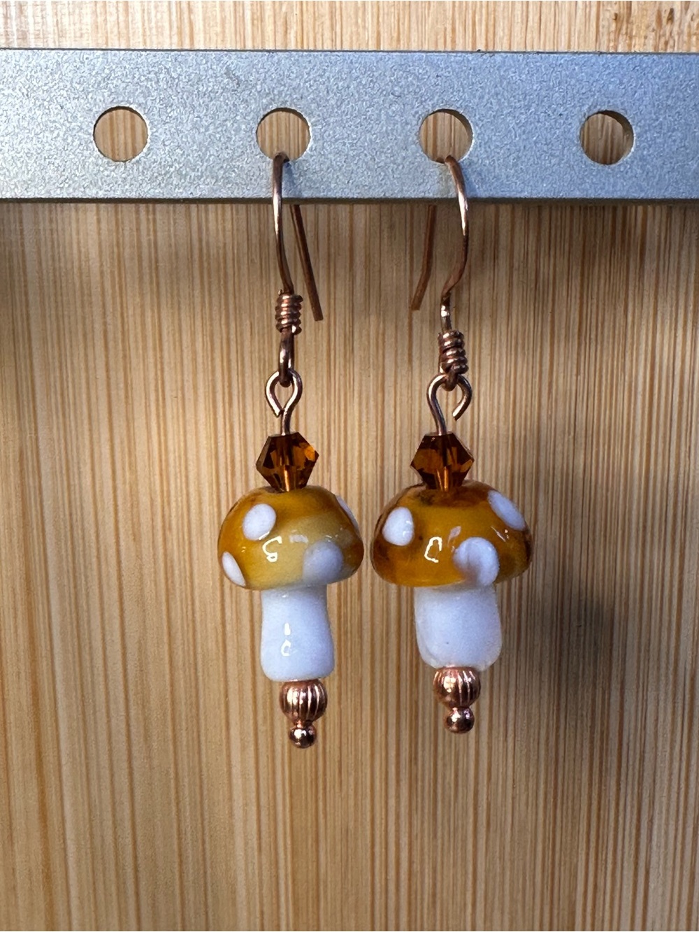 Sweet mini Caramel Brown and White Mushroom Earrings with Copper details